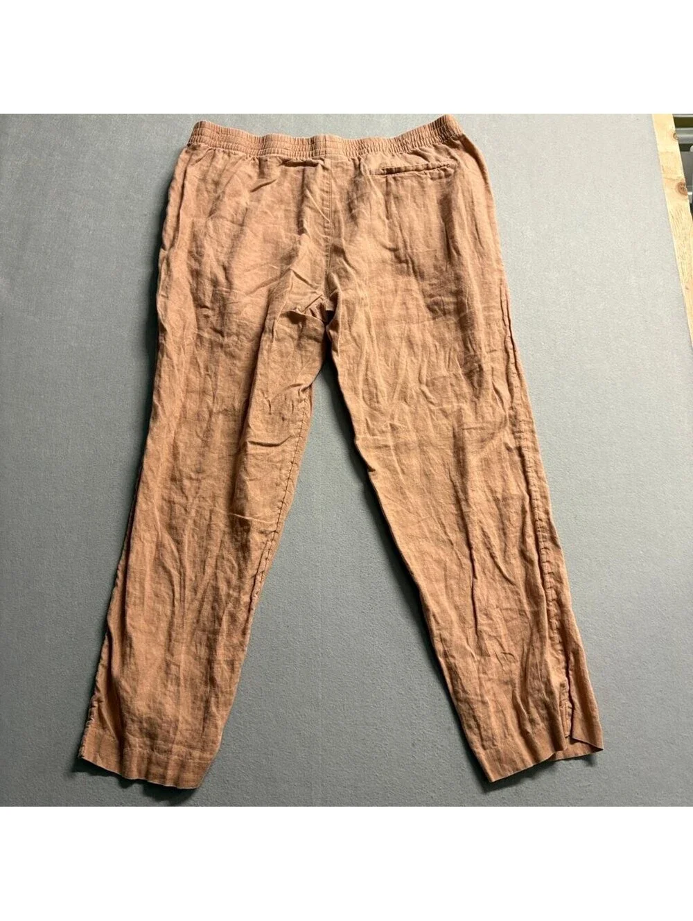 H&M 100% Linen Pants Womens XL Brown Elastic Waist Regular Fit Casual